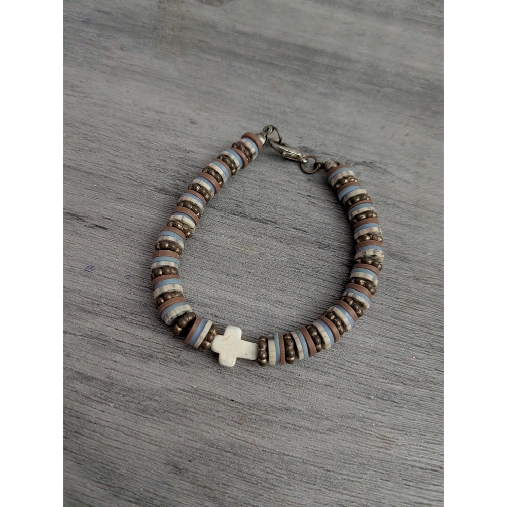 Boho Heishi Beaded Cross Bracelet Blue Brown Cream Earth Tones Lobster Clasp